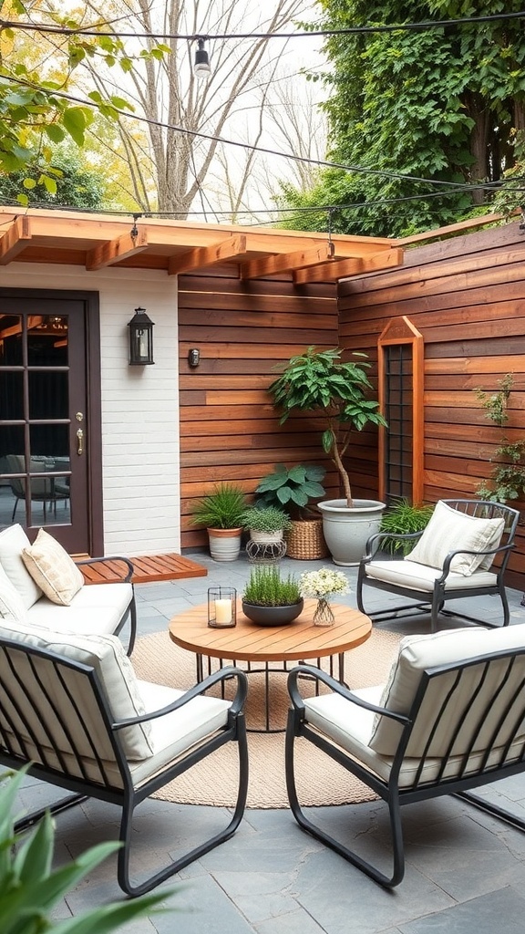 A minimalist patio with comfortable seating, a wooden coffee table, and potted plants, illuminated by string lights.