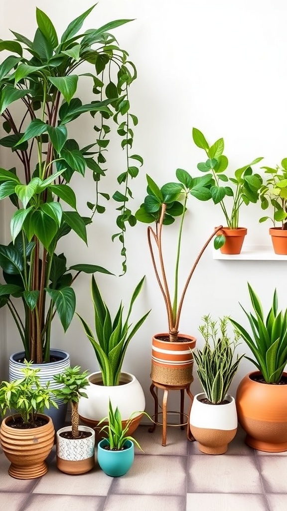 A collection of indoor plants in various pots, showcasing a stylish and vibrant decor.