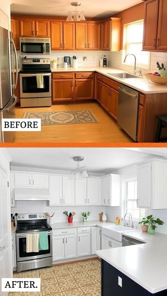 Before and after images of a kitchen renovation showing a bright and modern kitchen transformation.