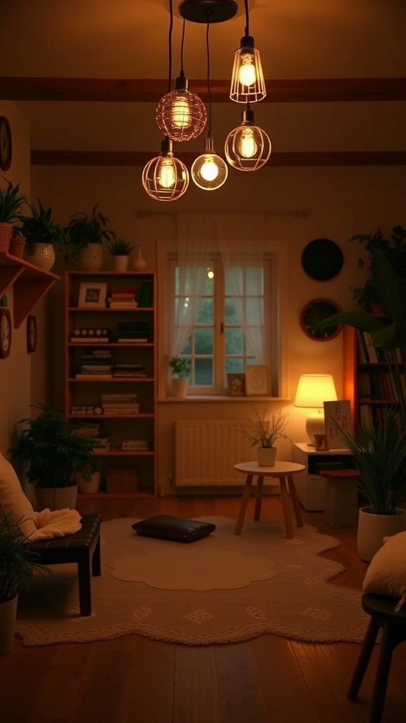 A cozy room with various light fixtures, including pendant lights and a table lamp, creating a warm atmosphere.