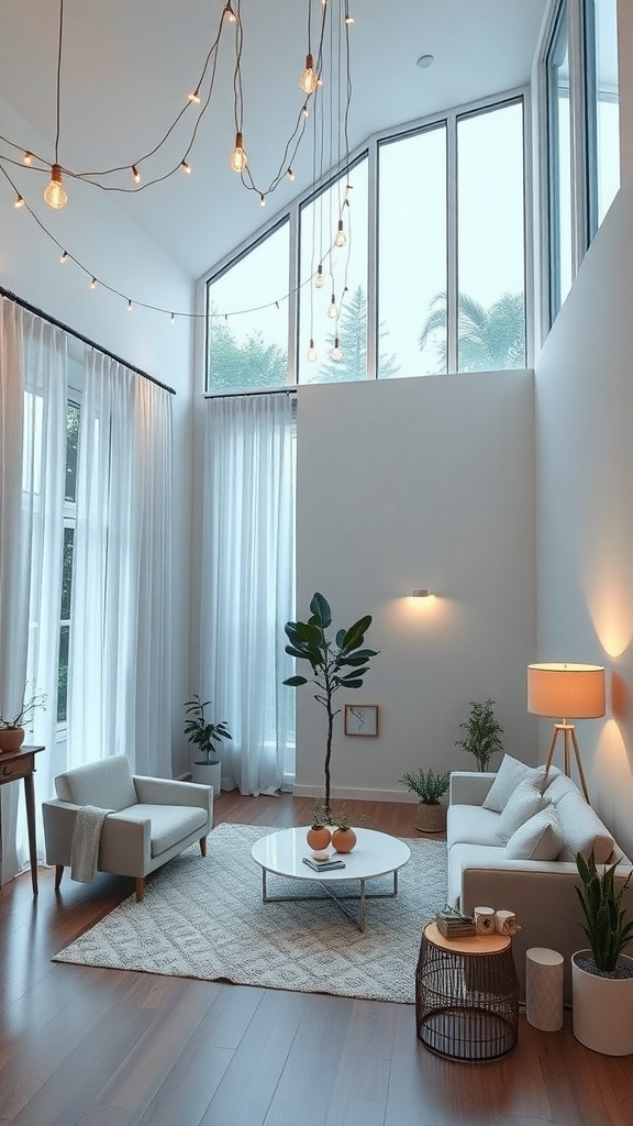 A cozy living room with creative lighting solutions, featuring hanging bulbs, large windows, and a warm atmosphere.