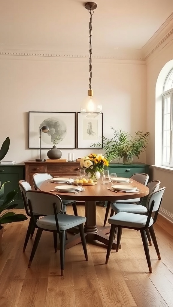 A cozy dining area featuring a round wooden table, stylish pendant light, and elegant decor.