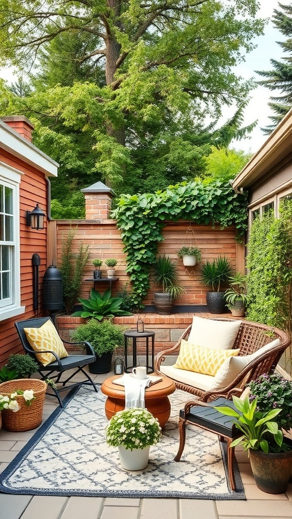 A cozy outdoor patio with comfortable seating, plants, and a decorative rug.