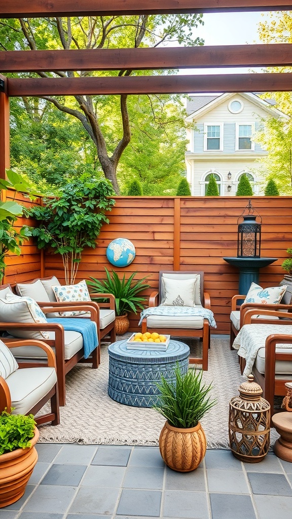 Cozy outdoor seating area with comfortable chairs, a round coffee table, and decorative plants.