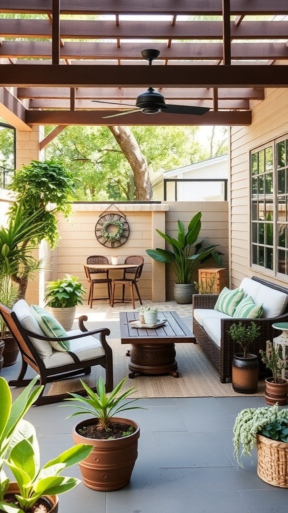 Cozy outdoor patio with comfortable seating, potted plants, and a wooden table.