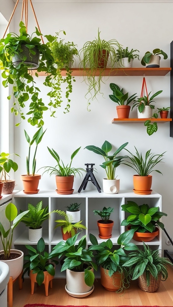 A collection of various houseplants displayed on shelves and a stand in a cozy room.