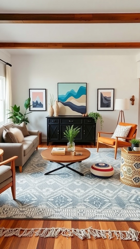 A cozy living room with a stylish area rug, modern furniture, and decorative elements.