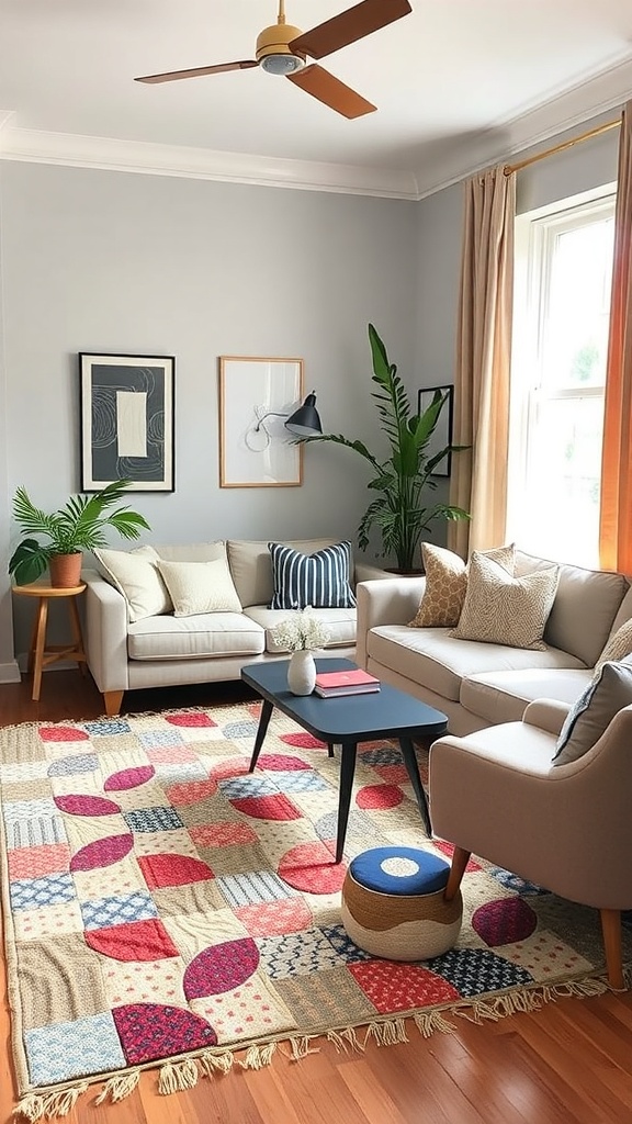A cozy living room featuring a colorful patchwork rug, a sofa, and plants.