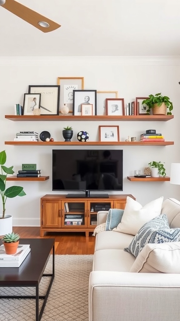 A cozy living room featuring stylish floating shelves with decor and plants.