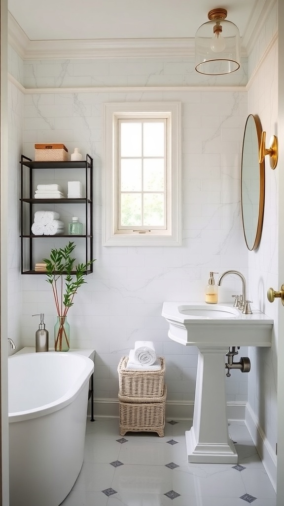 A stylish bathroom featuring a black metal shelf with towels, a plant, and a modern sink.