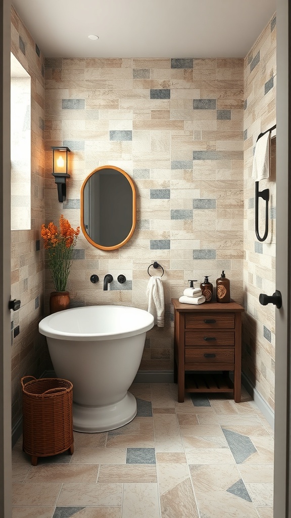 A stylish bathroom with textured tiles, a round bathtub, and warm lighting.