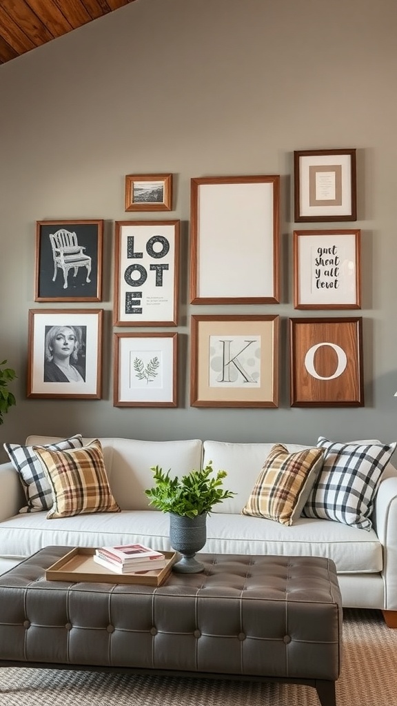 A cozy gallery wall featuring various framed artworks and quotes above a white couch with plaid pillows.