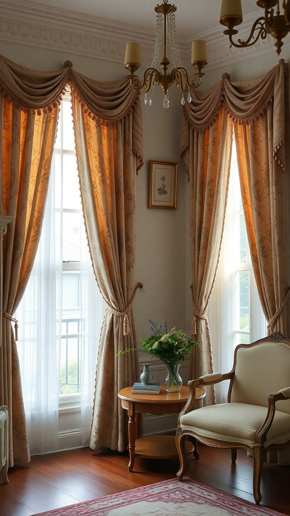 Elegant window treatments featuring sheer curtains and heavy drapes in a cozy living room.