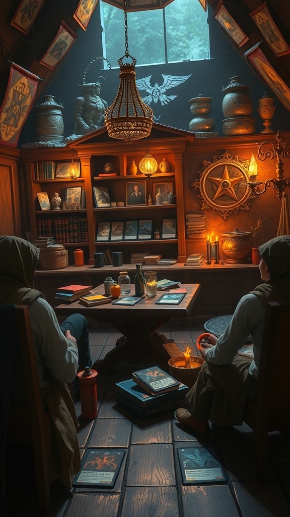 A cozy room with two players discussing Magic: The Gathering cards around a table, surrounded by books and mystical decor.
