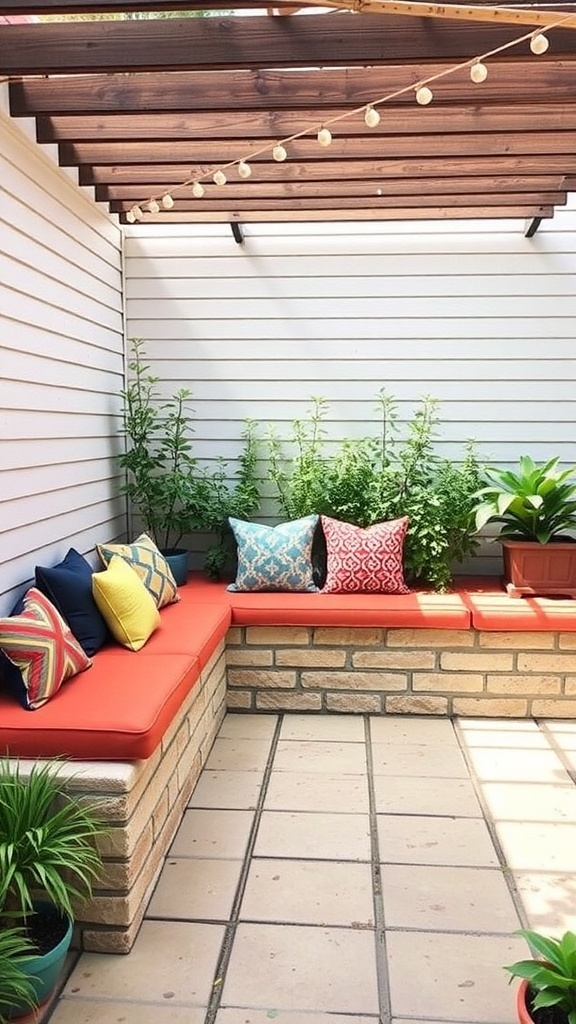 A cozy backyard patio featuring built-in bench seating with colorful cushions and surrounding greenery.