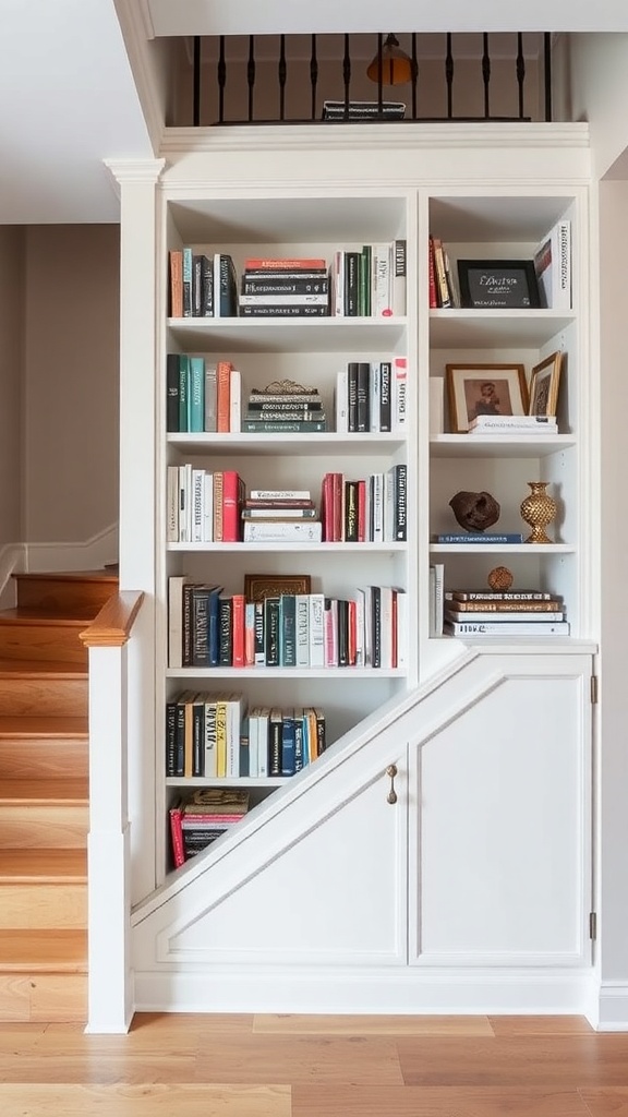 A built-in bookshelf alongside a staircase, featuring books and decorative items.