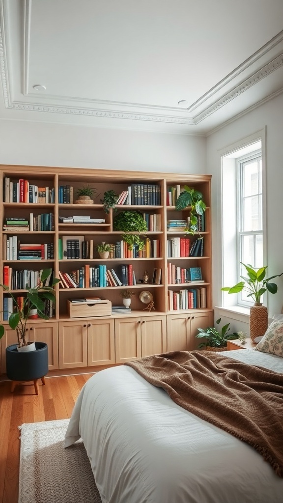 A cozy bedroom featuring a built-in bookshelf filled with books and plants, with a bed and warm decor.