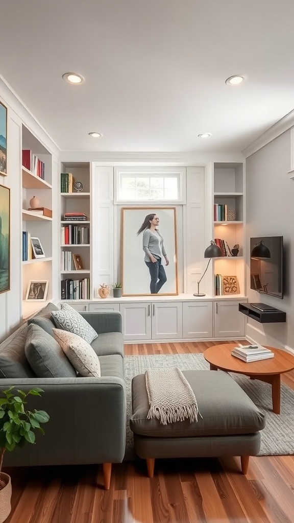 A cozy living room featuring built-in bookcases filled with books and decorative items.