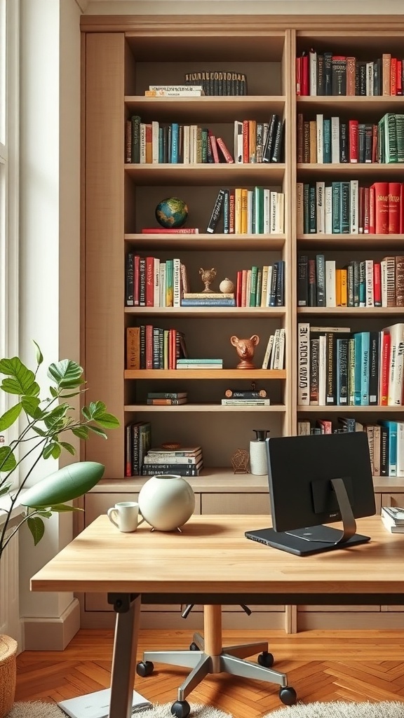 A cozy workspace featuring a built-in bookshelf filled with colorful books and decorative items, alongside a modern desk and a plant.