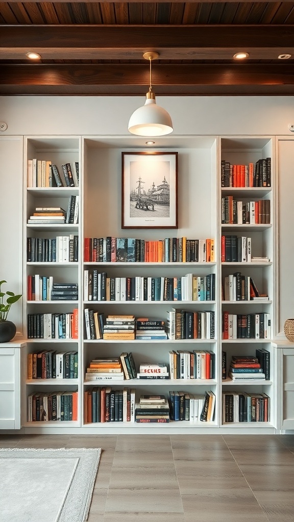 A stylish built-in bookshelf with a mix of books and a framed picture, illuminated by a pendant lamp.