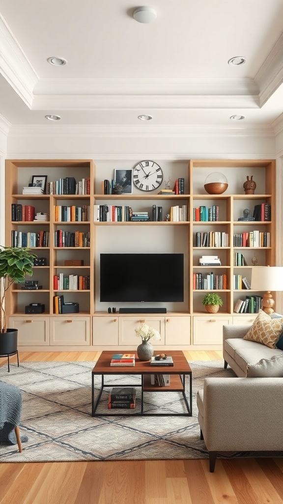 A modern living room featuring built-in bookshelves filled with books and decorative items, a TV, and a cozy seating area.