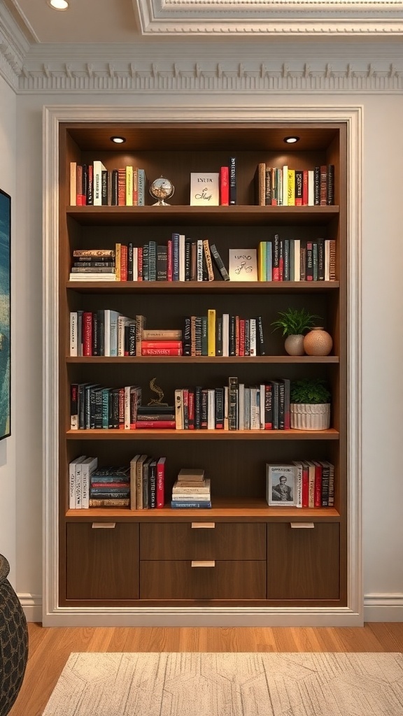 A built-in bookshelf with various books and decorative items, showcasing a seamless design in a room.