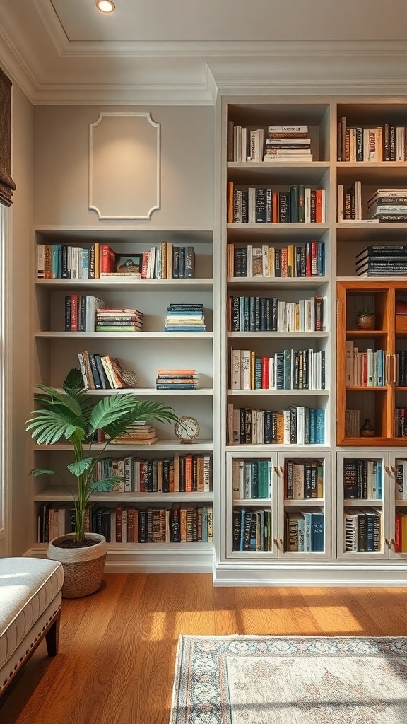 A cozy room featuring built-in bookshelves filled with books and a potted plant, creating a warm and inviting atmosphere.