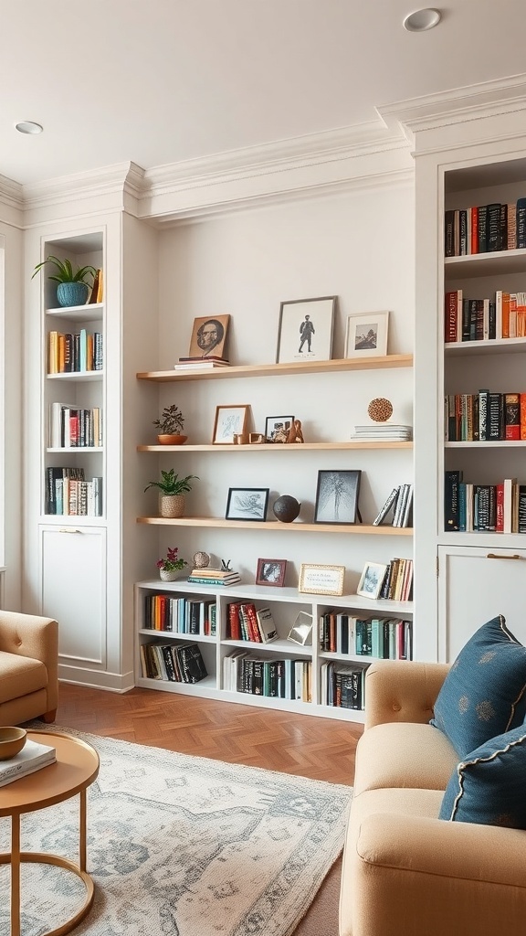 Cozy reading nook with built-in bookshelves displaying books and decorative items.