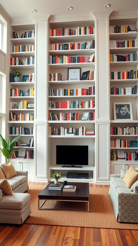 A modern living room featuring built-in bookshelves with a ladder, filled with colorful books and cozy seating.