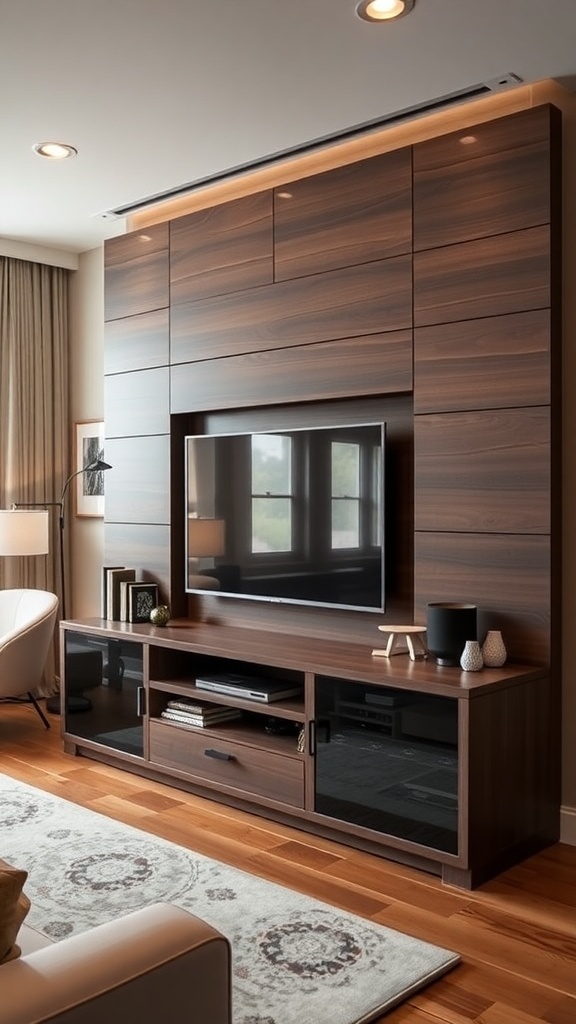 Modern built-in entertainment center with TV and storage