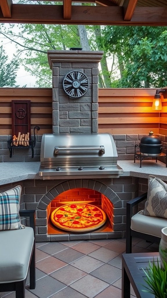 A cozy outdoor built-in pizza oven with a glowing pizza inside, surrounded by comfortable seating.