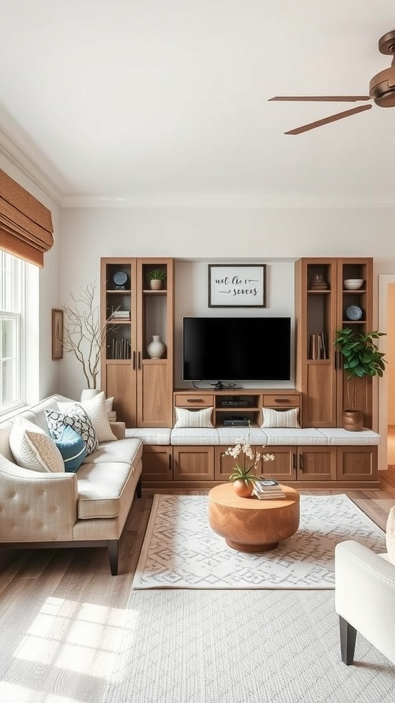 Cozy living room with built-in seating and wooden furniture.