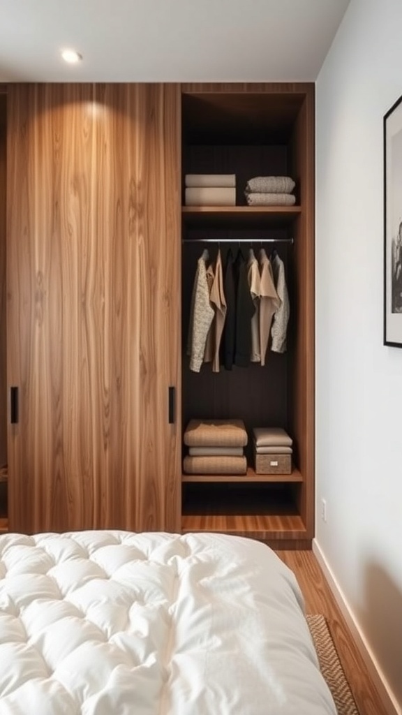 A modern built-in wardrobe with sliding doors, organized shelves, and a clean design.