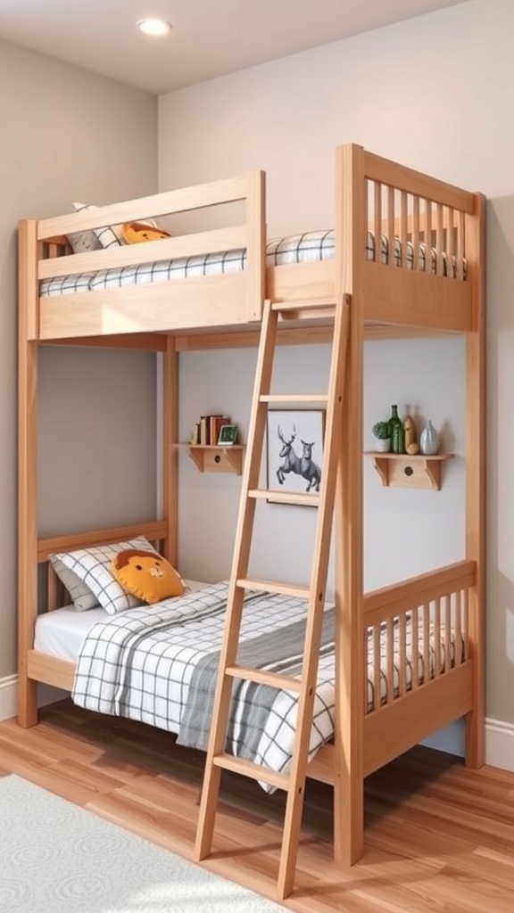 A wooden bunk bed in a cozy bedroom with a ladder and simple design.