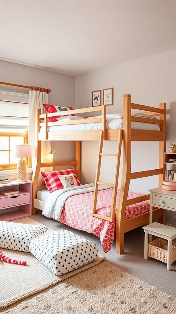 Cozy kids bedroom featuring a wooden bunk bed with colorful bedding and floor cushions.