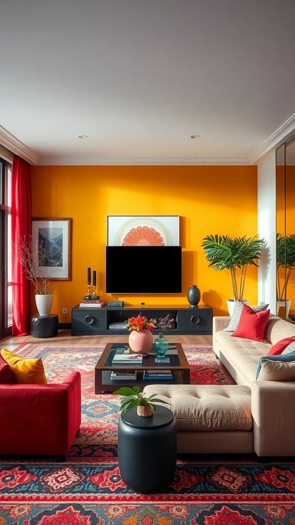 Ein stilvolles Wohnzimmer mit einer orangefarbenen Akzentwand, roten Sofas und bunten Kissen.