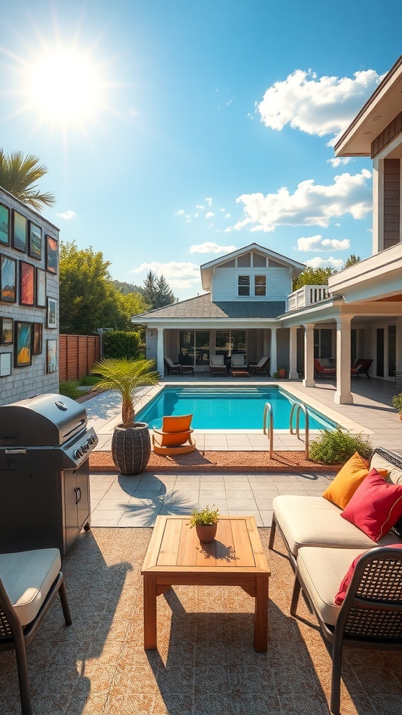 Ein sonniger Garten mit einem Pool, bunten Bildern an der Wand und gemütlichen Sitzgelegenheiten.