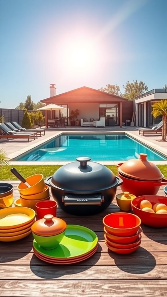 Bunte Geschirrsets auf einem Tisch neben einem Pool, ideal für eine Grillparty
