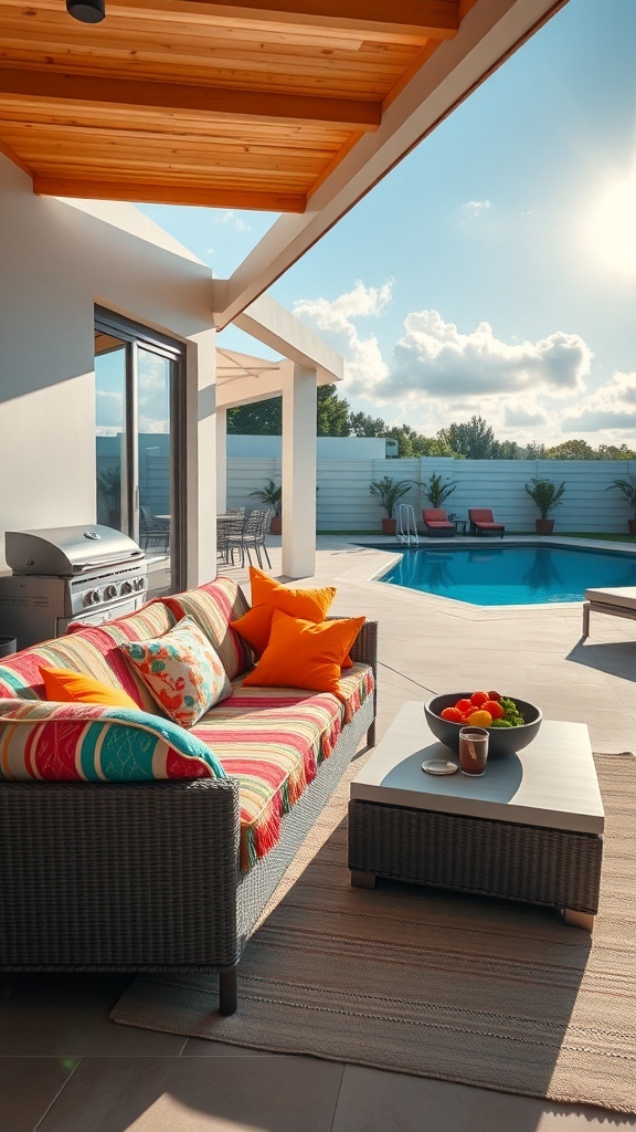 Gemütliche Terrasse mit bunten Kissen und Decken auf einem Sofa, Pool im Hintergrund