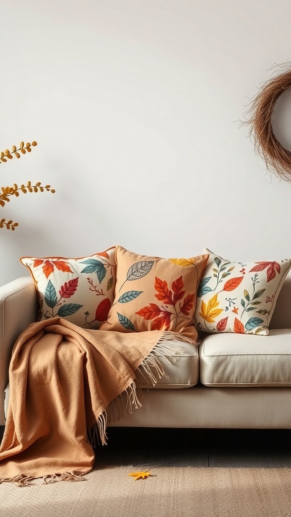 Bunte Kissenbezüge mit herbstlichen Motiven auf einem Sofa