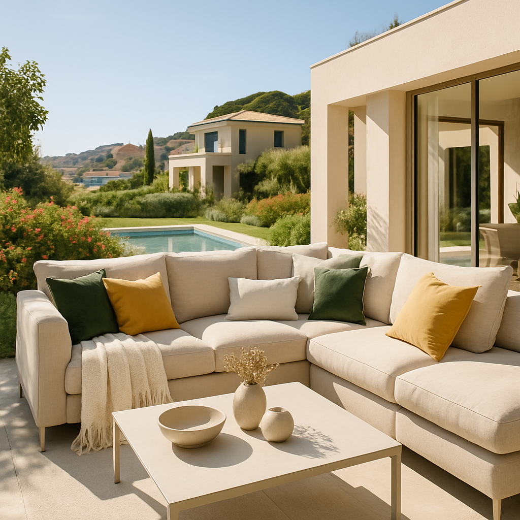 Moderne Outdoor-Lounge mit bunten Kissen in einem stilvollen Garten