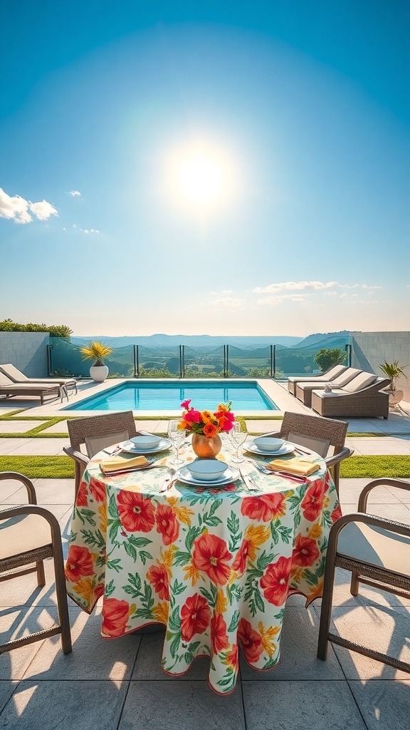 Bunte Tischdecke mit Blumenmustern auf einem Tisch neben einem Pool