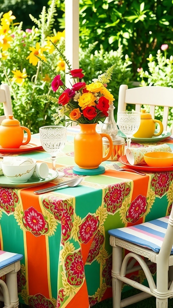 Bunte Tischdecke mit floralen Mustern auf einem Tisch im Freien, umgeben von modernen Möbeln und einer schönen Aussicht.
