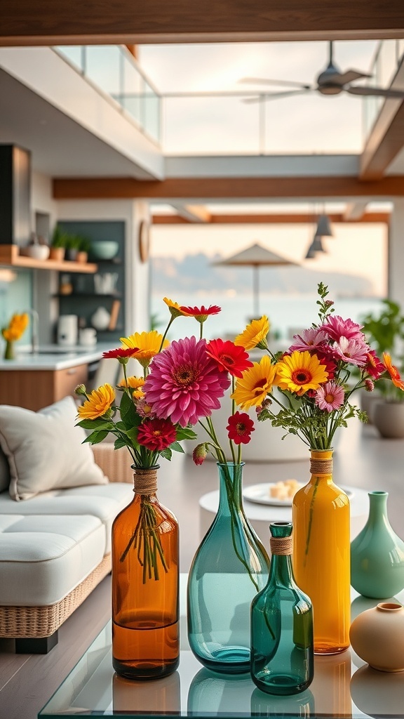 Bunte Vasen mit frischen Blumen in einem modernen Wohnraum