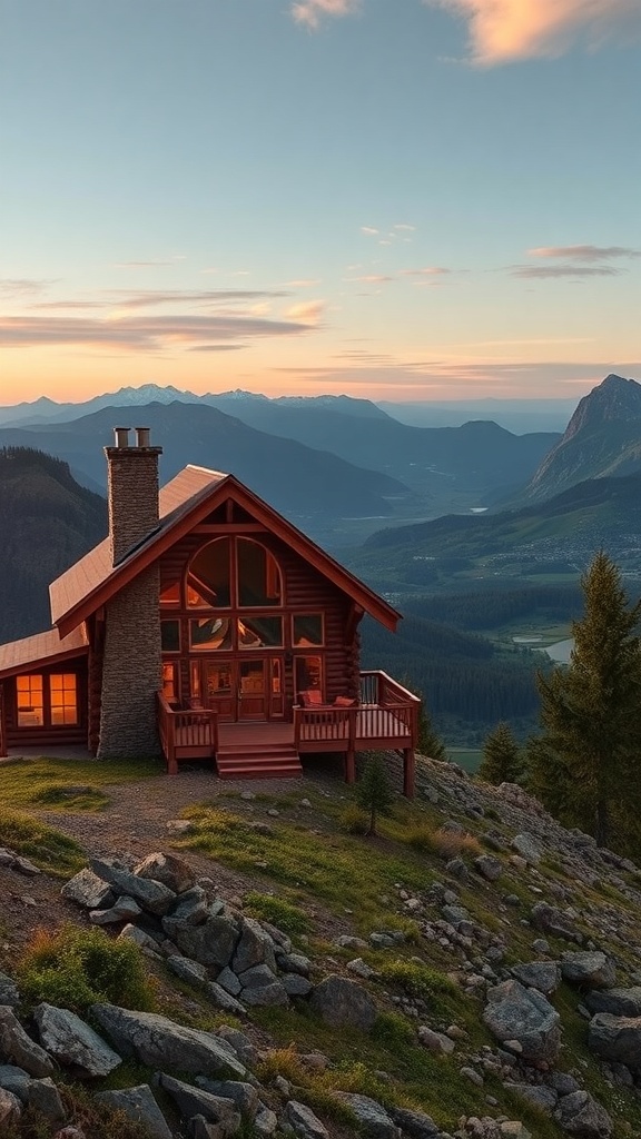 A cozy cabin on a hillside with a stunning mountain view during sunset.