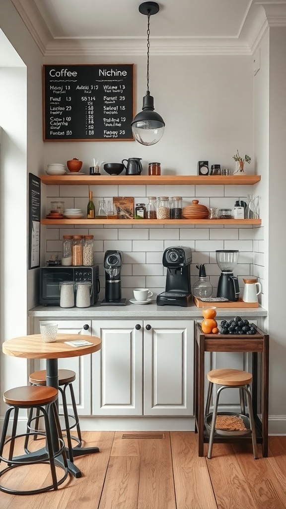 Cozy home coffee bar with a chalkboard menu, coffee makers, and wooden accents.