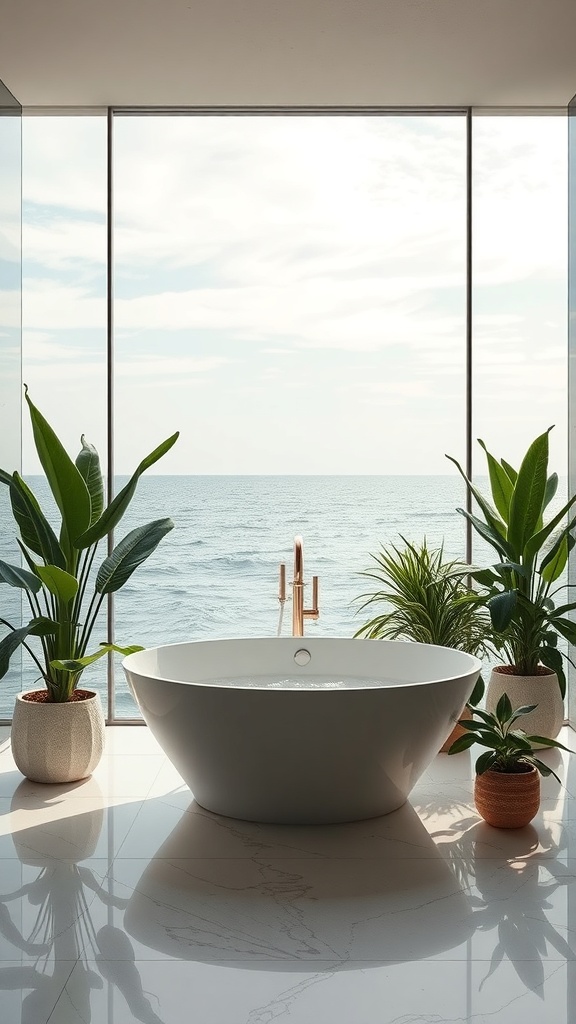 A modern bathroom with a freestanding tub overlooking the ocean, surrounded by plants.