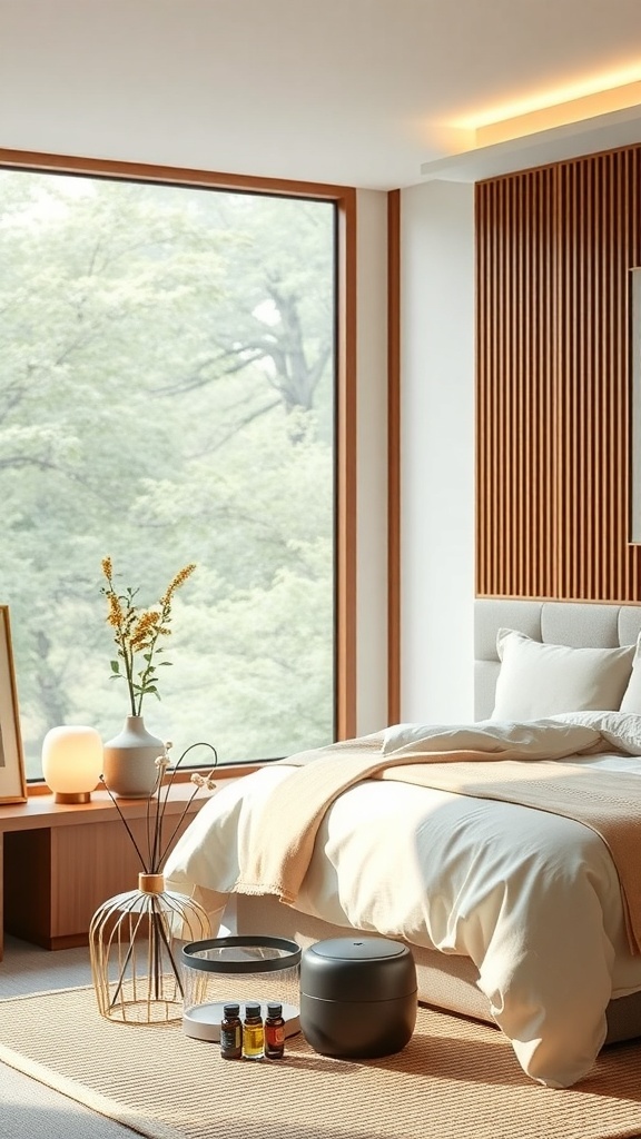 A calming Japandi bedroom with a diffuser, essential oils, and natural light.