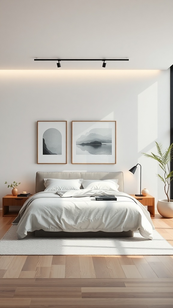 Minimalist Japanese bedroom with calming artwork displays above the bed