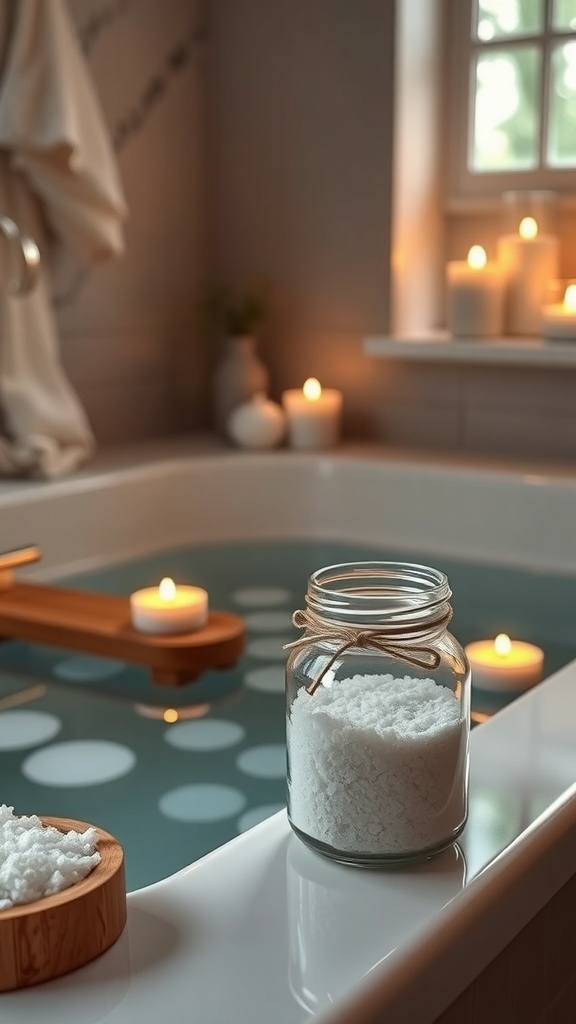 A jar of calming bath salts next to a filled bathtub with candles in a serene bathroom setting.